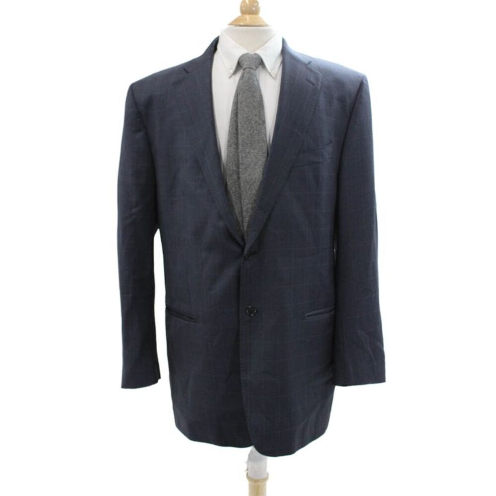 Roberto Zanieri Men Dark Blue Check Wool Suit Jacket Button Collared Size 46